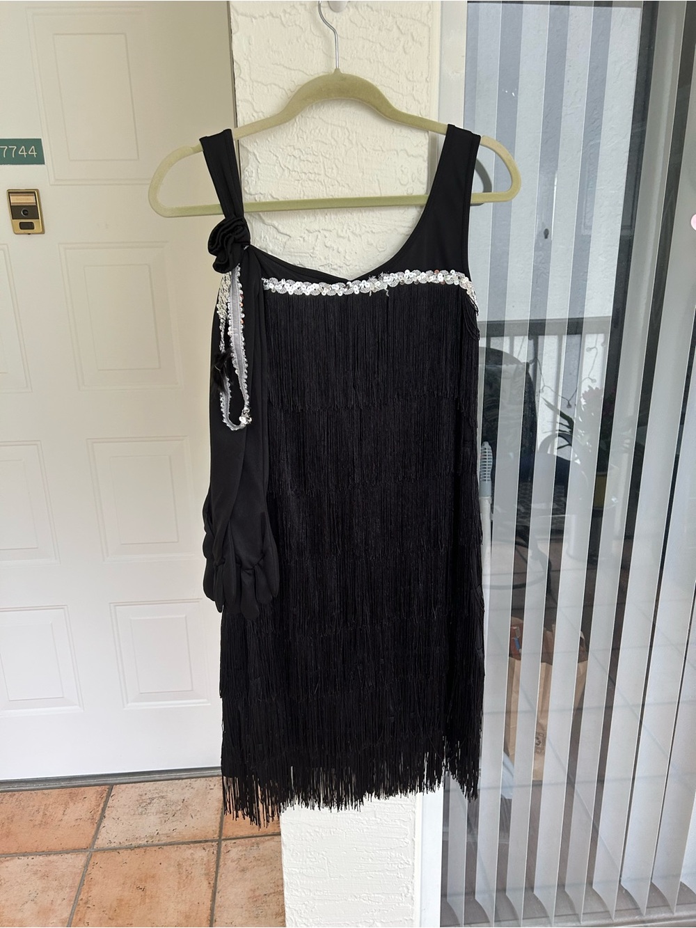 Spirit roaring 20s costume Black Fringe Dress with Silver Sequin Trim, & gloves